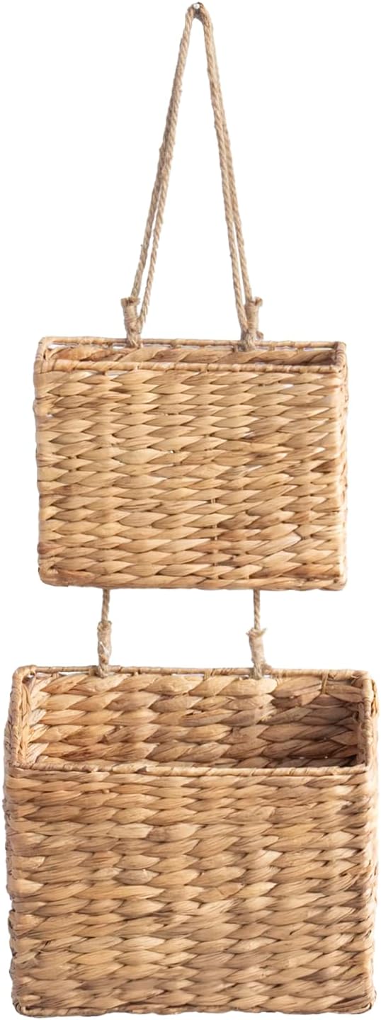 YAHUAN Woven Water Hyacinth Hanging Basket 2-Tiered Storage Baskets Hanging Organizer Hanging Wall Basket for Home,Pantry,Garden, Office Organization (Water Hyacinth)