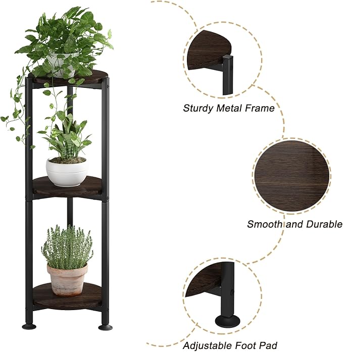 Plant Stand Indoor Outdoor 2 Tier Tall Metal Corner Storage Tiered Plant Shelf Holder Multiple for Living Room Balcony Garden,Black (3 Tier-Black Oak Round)
