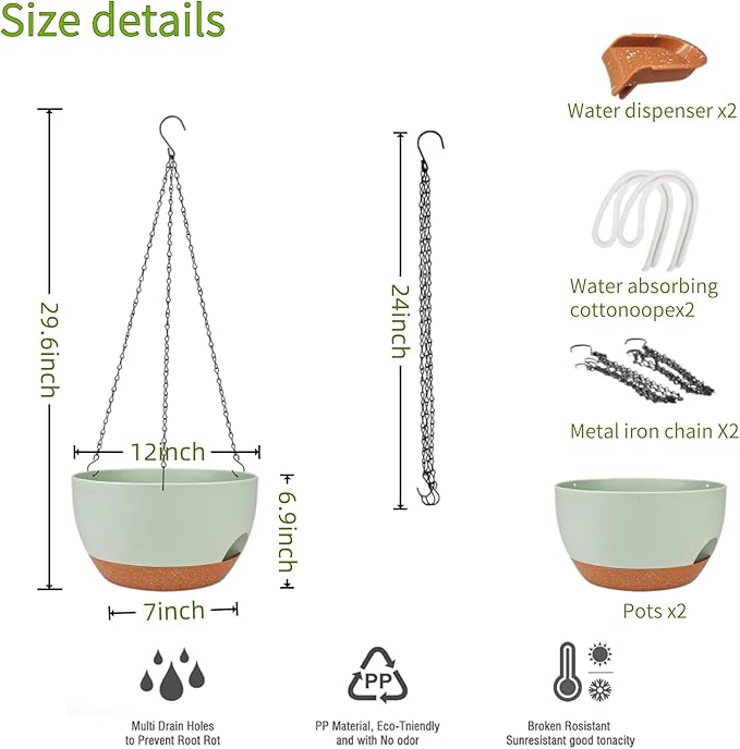 12 Inch Self Watering Hanging Planters 2 Pack, Indoor Outdoor Hanging Pots for Plants with Drainage Holes & Saucers, Green Brown Plastic Hanging Baskets for Kitchen Balcony Garden
