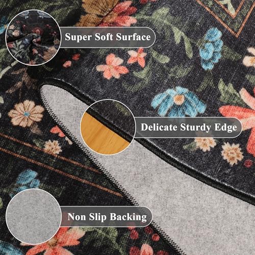 DUKINO 3x10 Kitchen Runner Rug, Washable Vintage Non Slip Floral Rug for Hallway, Lightweight & Low Pile Soft Throw Carpet for Entryway, Kitchen, Bathroom, Laundry, Bedroom, Black - color: Black, size: 3' x 10' (Rectangular)