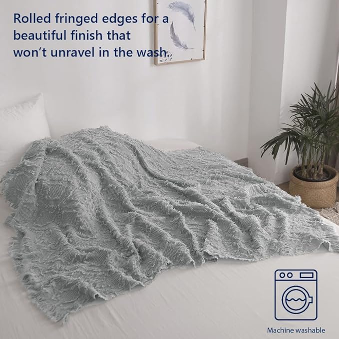 Simple&Opulence Cotton Throw Blanket for Bed, Couch, Boho Textured Geometric Knit Woven Blanket With Tassels Soft, Lightweight Breathable Shabby Chic Farmhouse Decoration for All-Season(Greyish Green)