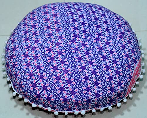 Round Mandala Floor Pillow Cover Seating Cushion Throw Ottoman Pouf Cover Pom Pom Pillow Cases Hippie Decorative Bohemian Boho Indian 22 Inches (Pink White) - color: Pink White