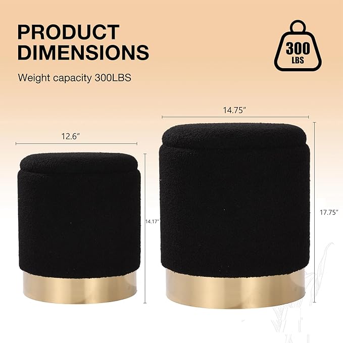 Round Ottoman with Storage Set of 2 Vanity Stool Foot Rest with Removable Lid for Bedroom Black Sherpa Storage Ottoman Stool for Living Room and Dorm(Sherpa Black)