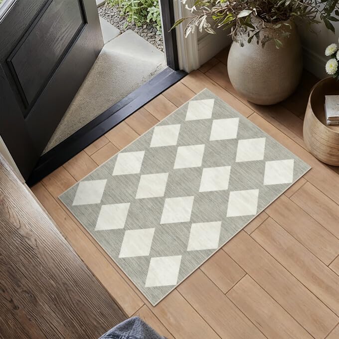 PureCozy Machine Washable Gray 2x3 Area Rugs for Entryway Modern Soft Checkered Indoor Door Mats Non-Slip Stain Resistant Low Pile Accent Small Rug for Bedroom Kitchen Laundry Entrance - color: Checkered Grey, size: 2' x 3' (Rectangular)