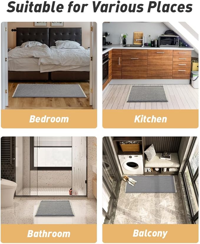 AMOAMI Upgraded Waffle Runner Rug Super Absorbent Non Slip Bath Mats for Bathroom Machine Washable Bathroom Runner Rug with Tassels, Ideal for Hallway Bedroom Laundry Room, 2' x 6', Darkgrey & Cream