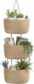 Over the Door Organizer, 3-Tier Hanging Storage Basket with Hooks, Cotton Back of Door Organizer for Living Room, Bedroom, Boho Wall Decor, Toy Storage, Jute