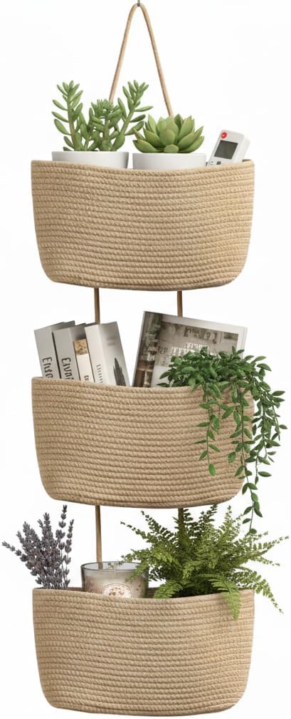 Over the Door Organizer, 3-Tier Hanging Storage Basket with Hooks, Cotton Back of Door Organizer for Living Room, Bedroom, Boho Wall Decor, Toy Storage, Jute