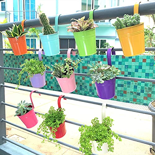 LaLaGreen Small Hanging Planters Outdoor - 10 Pack, 4 Inch Rainbow Planter Colorful Flower Pots Metal Iron, Rail Balcony Garden Deck Railing Plant Hanger Fence Wall, Herb Bucket Indoor Window Boxes - size: 4 Inch (Assorted)
