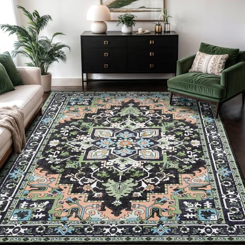 5x7 Area Rugs, Vintage Washable Area Rug for Living Room, Floral Boho Area Rugs for Bedroom, Office, Non-Slip Colorful Rug, Traditional Vintage Style, Plush Low-Pile Soft Carpet, Dark Green - color: Dark Green, size: 5' x 7' (Rectangular)