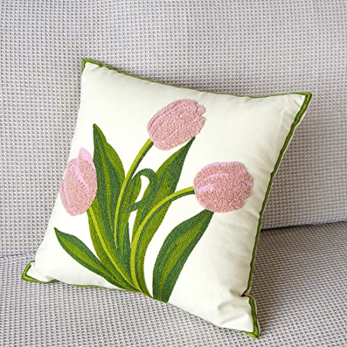 vctops Farmhouse Tulip Cotton Tufted Throw Pillow Cover Spring Floral Embroidery Pillowcase Soft Square Cushion Case for Sofa Couch Bed Chair (Pink,18"x18") - color: Pink