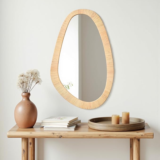 Rattan Mirror for Wall,30.5'' x 19.5" Wooden Framed Farmhouse Boho Wicker Coastal Irregular Vanity Mirror for Bathroom Living Room Entryway