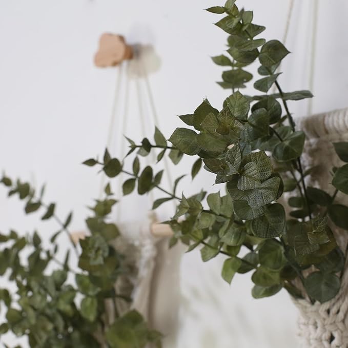 Macrame Bohemian Wall Hanging, White Cotton Rope with Artificial Plant, Handcrafted Boho Tapestry with LED Lights, Decorative Wall Art,Earthy Wall Decor(Eucalyptus-Green)
