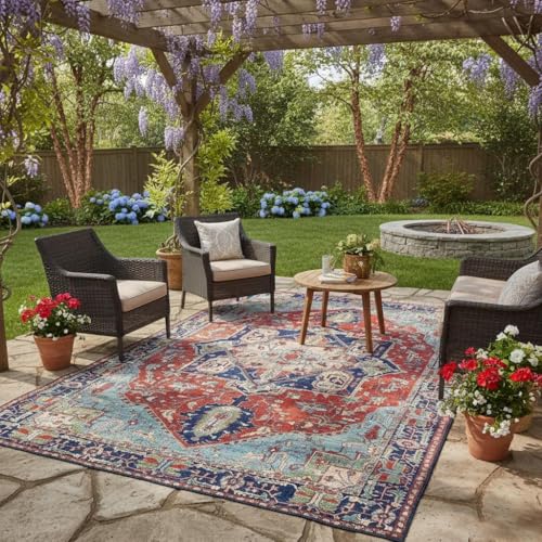 Vintage Tribal Distressed Thin Rug for Living Room Bedroom Diningroom Nursery Playroom Washable Carpet Oriental Boho Art Aesthetic Kitchen Office Hallway Indoor Outdoor Area Rugs 2x3 Blue Red - color: G, size: 2x3ft