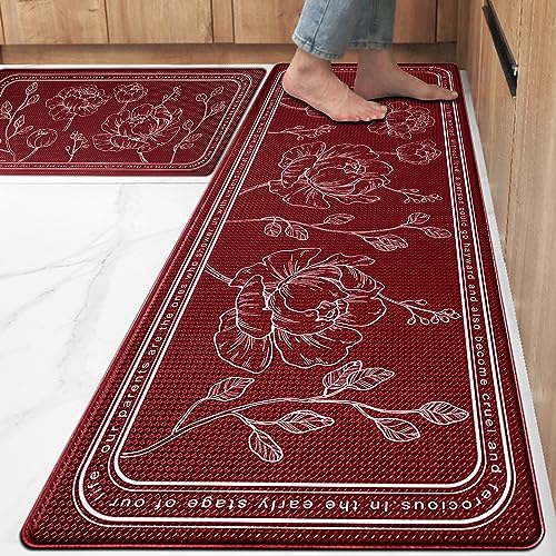 ROTTOGOON Kitchen Floor Mat Set of 2, Cushioned Anti Fatigue Kitchen Mat 17"x47"+17"x29", Non-Slip Waterproof Kitchen Rug, Premium PVC Comfort Kitchen Mats and Rugs for Kitchen, Office, Home, Laundry - color: Red, size: 17"x47"+17"x29"