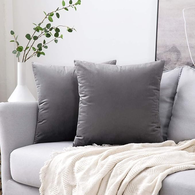 MIULEE 26x26 Inch Euro Sham Velvet Pillow Covers, Set of 2 Large Square Decorative Pillows -Dark Grey Super Soft for King Bed, Sofa, Couch, Accent Chairs with Hidden Zipper