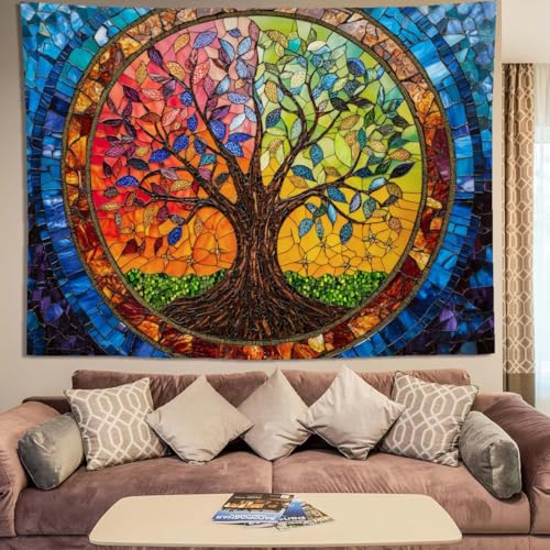 keowhsf Tree of Life Tapestry Wall Hanging – Colorful Stained Glass Look Wall Art with Fantasy Aesthetic, Large Tapestry for Bedroom, Living Room, Home Decor - color: TreeGlass, size: 48"L x 36"W