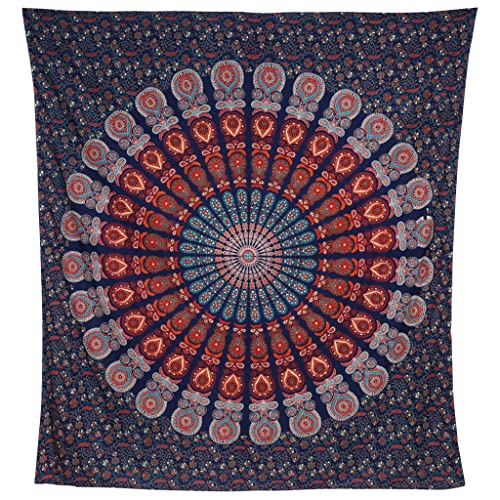 Bless International Handmade Indian hippie Bohemian Psychedelic Peacock Mandala Wall hanging College Dorm Beach Throws Table Cloth Bedding Tapestry (Golden Blue White, Queen(84x90Inches)(215x230Cms)) - color: Golden Blue White, size: 90"L x 84"W