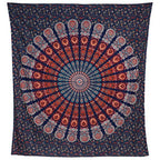 Bless International Handmade Indian hippie Bohemian Psychedelic Peacock Mandala Wall hanging College Dorm Beach Throws Table Cloth Bedding Tapestry (Golden Blue White, Queen(84x90Inches)(215x230Cms)) - color: Golden Blue White, size: 90"L x 84"W
