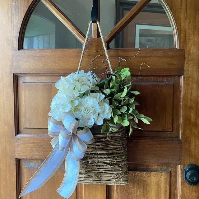 Cream Hydrangea Door Hanger Basket Wreath - Farmhouse Spring Wreath with Wildflowers, Mother's Day Decor, Artificial Rattan Hanging Basket for Porch, Wall, Home Decor - color: White