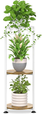 iDavosic.ly 3 Tier Corner Plant Stand Indoor, 34 Inch Tall Vertical Metal Flower Heavy Duty Pot Holder Shelf Outdoor for Patio Porch Living Room, White & Rustic Brown - Round