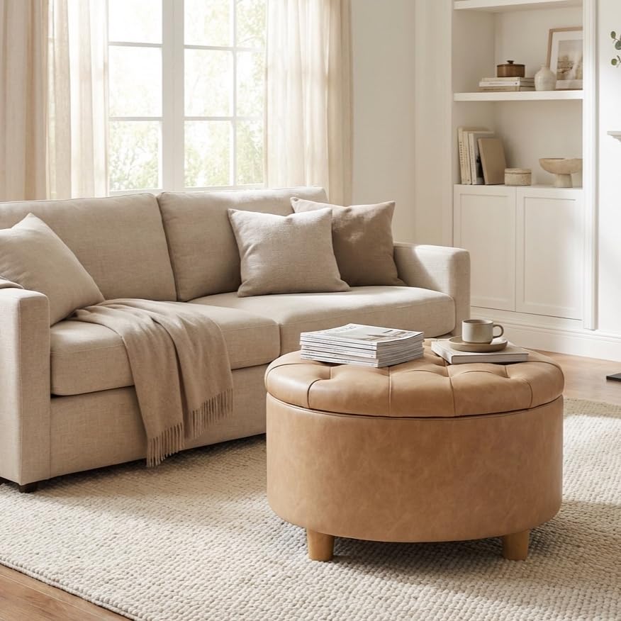 HomePop 28" Button Round Storage Ottoman - Light Camel Faux Leather - color: Light Camel Faux Leather