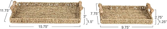 Household Essentials Handwoven Seagrass Rectangular Tray Set with Wood Handles, Natural, Set of 2