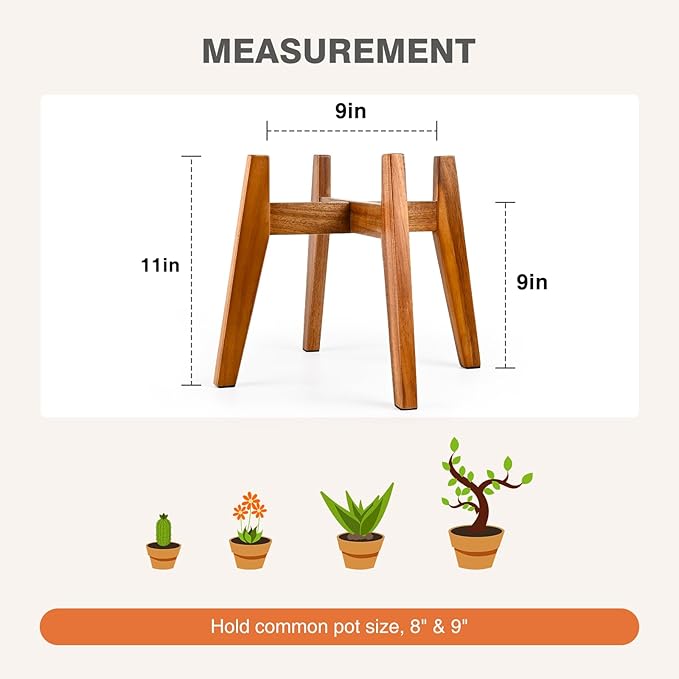 Acacia Wood Plant Stand for 9 Inch Pots, Mid Century Modern Indoor Plant Stand, Solid Hardwood, Non-Adjustable Flower Pot Holder for Home and Patio Décor