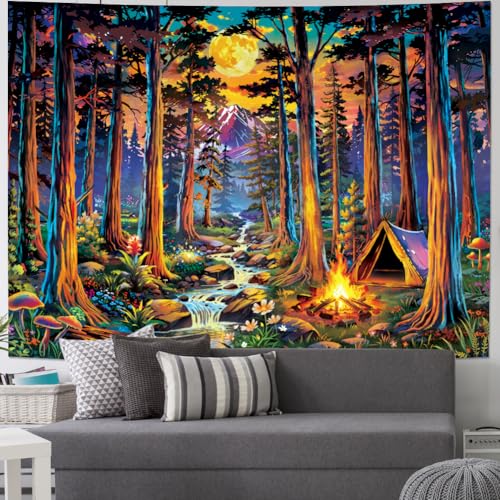 Racunbula Blacklight Fantasy Forest Tapestry UV Reactive Galaxy Space Moon Tapestry Trippy Pine Trees Wall Tapestries Nature Landscape Mountain River Tapestries Wall Hanging for Bedroom - color: Forest Tree, size: 59.1"L x 51.2"W