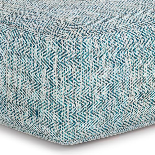 SIMPLIHOME Nate Square Pouf - 20 inch Wide Upholstered Handwoven Cotton Ottoman in Patterned Teal Melange, Boho Footstool or Extra Seating for Living Room with Artisanal Texture, Assembled - color: Patterned Teal Melange, style: Cotton Pouf