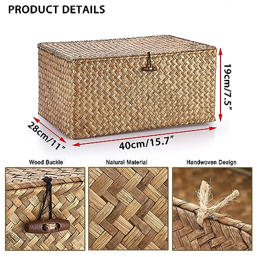 Hipiwe Wicker Shelf Baskets Bin with Lid, Handwoven Seagrass Basket Storage Bins Rectangular Household Basket Boxes for Shelf Wardrobe Home Organizer, Coffee X-Large - color: Coffee, size: X-Large