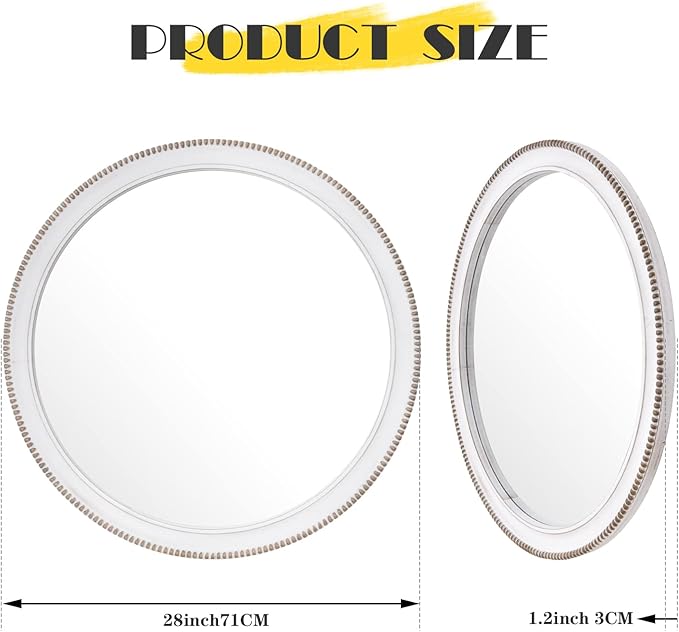 sawsile Round Wood Mirror,28 inch Circle Rustic Farmhouse White Wooden Frame Boho Beads Wall Mirror for Bathroom,Living Room,Bedroom or Entryway