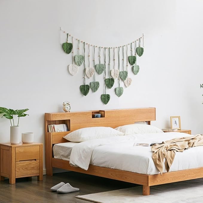 Macrame Wall Hanging, 47x29 inch Large Boho Woven Tapestry Wall Decor Chic Home Wall Art Modern Bohemian Handmade Green Leaf Feather Macrame Tapestry for Bedroom Apartment Living Room Backdrop Decor