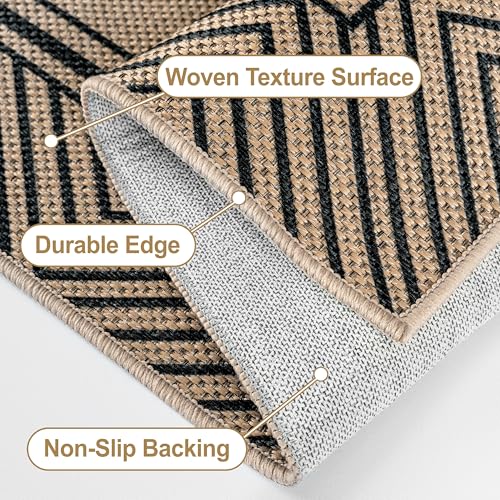 Capslpad 2x6 Hallway Outdoor Rug, Easy Jute Geometry Line Entryway Rug, Farmhouse Washable Non-Slip Rubber Backing, Stain Resistant Low Pile Runners for Hallways, Kitchen, Bedroom, Laundry, Black - color: Black, size: 2' x 6' (Rectangular)