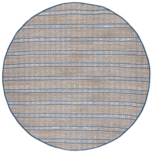 SAFAVIEH Natural Fiber Collection 7' Round Blue/Natural NFB656M Handmade Boho Stripe Farmhouse Rustic Jute & Cotton Jute Area Rug - color: Blue/Natural, size: 7' (Round)