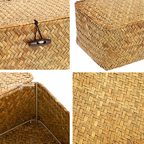 Hipiwe Wicker Shelf Baskets Bin with Lid, Handwoven Seagrass Basket Storage Bins Rectangular Household Basket Boxes for Shelf Wardrobe Home Organizer, Caramel Large - color: Caramel, size: Large