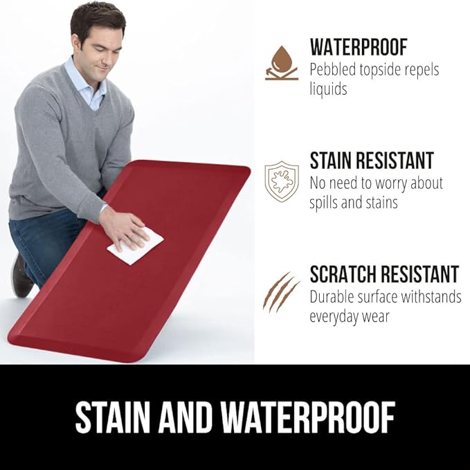 GORILLA GRIP Comfortable Cushioned Kitchen Mats for Floor, Waterproof and Stain Resistant Soft Top, 3/4 Inch Thick Ergonomic Standing Desk Anti Fatigue Mat, Foam Supports Ankles and Feet, 20x32, Red
