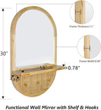 Wall Mirror with Hooks, 30x18 Inch Boho Wall Mirror with Removable Shelf, Oval Solid Wood Framed, Handmade Rattan Mirror Decor Accent for Entryway, Bathroom, Nursery, Bedroom, Living Room