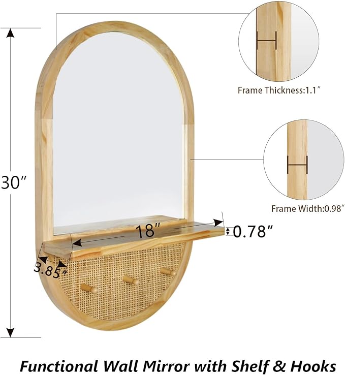 Wall Mirror with Hooks, 30x18 Inch Boho Wall Mirror with Removable Shelf, Oval Solid Wood Framed, Handmade Rattan Mirror Decor Accent for Entryway, Bathroom, Nursery, Bedroom, Living Room