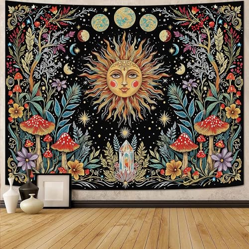 Accnicc Boho Sun and Moon Tapestry Hippie Mushroom Floral Wall Tapestry for Bedroom Aesthetic Vintage Plant Celestial Spiritual Large Tapestries Wall Hanging for Dorm Living Room Decor 80 x 60 Inch - color: Yellow Red, size: 80"L x 60"W
