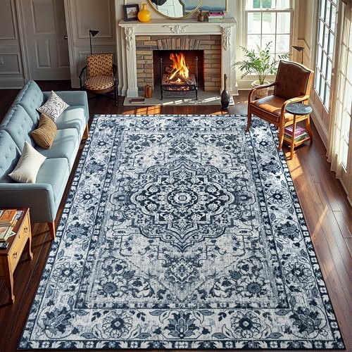 YJ.GWL Area Rugs for Living Room 6x9 Machine Washable Rugs, Non Slip Floral Vintage Rug Indoor Carpet, Stain Resistant Large Rug for Bedroom Dining Room, Navy Blue - color: Navy Blue, size: 6' x 9' (Rectangular)
