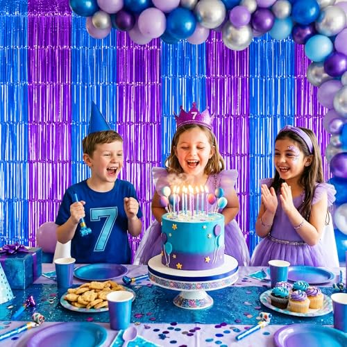TONIFUL 2Pcs Blue Purple Door Streamers,Green Photo Booth Backdrop,Metallic Streamers Green Foil Fringe Curtains for Birthday,Christmas,New Year,St. Patrick's Day Party Streamers Decor - color: Blue Purple