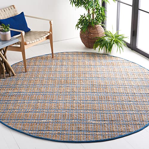 SAFAVIEH Natural Fiber Collection 7' Round Blue/Natural NFB656M Handmade Boho Stripe Farmhouse Rustic Jute & Cotton Jute Area Rug - color: Blue/Natural, size: 7' (Round)