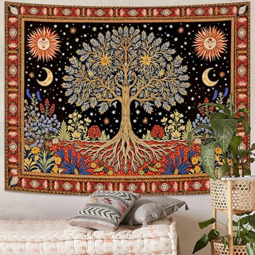 Lunerfex Tree of Life Wall Tapestry - Celestial Sun & Moon Wall Hanging for Bedroom and Living Room Decor - Boho Starry Night Tapestries 60"x44" - color: Black Orange, size: 60"L x 44"W