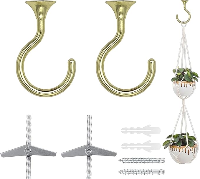 2 Sets Heavy Duty Swag Ceiling Hooks with Hardware for Hanging Plants, Cavity Wall Fixing, Easy Installation, Holds Up to 30lbs, Ideal for Home & Garden (2 Sets, Gold)