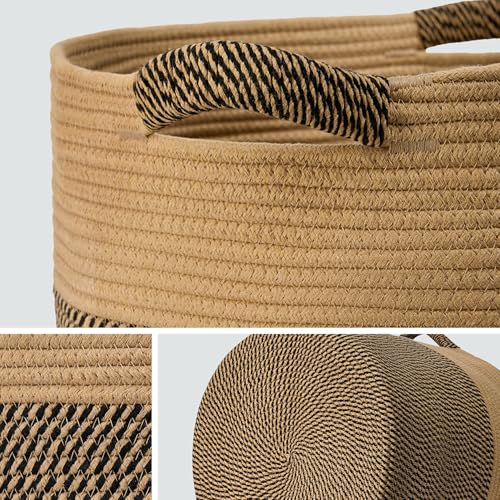 Blanket Basket (16" Dx14 H) - Round Woven Rope Storage for Living Room Throws, Pillows & Laundry- Jute/Mixed Black - color: Jute/Mixed Black, size: 16" X 16" X 14"