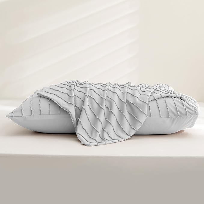 JELLYMONI Pillowcases Standard Size Light Grey 2 Pack Boho Striped Bed Pillow Covers 20x26in Polyester Envelope Pillow Shams Tufted Bohemian Textured (Pillows are not Included)