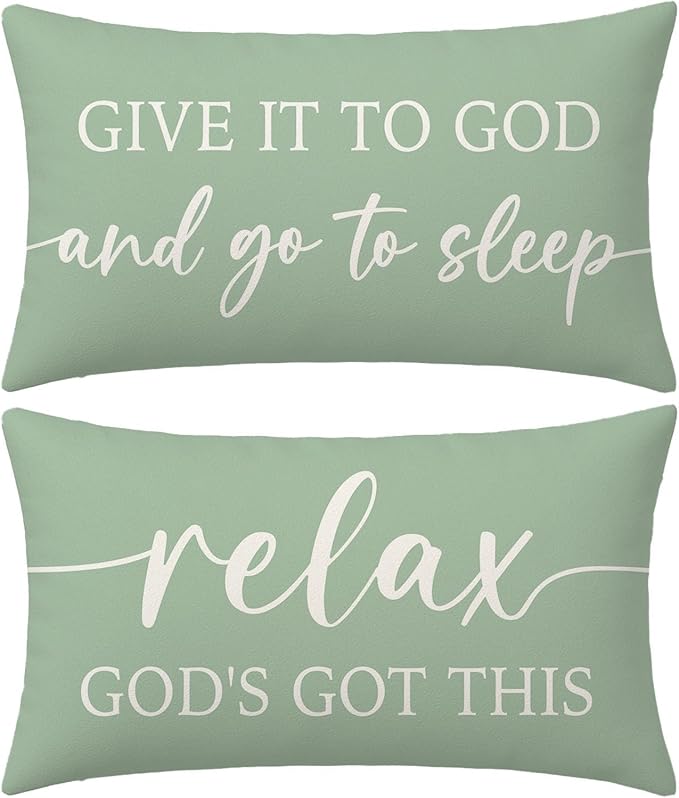 Farmhouse Sage Green Pillow Covers 12x20 Inch Set of 2 – Christian Lumbar Decorative Throw Pillowcase – Give It to God and Go to Sleep/Relax God’s Got This – Faith Decor for Home