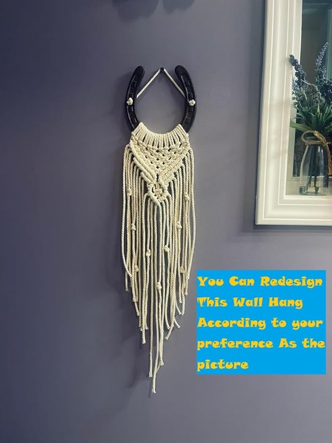 W Wellshine Macrame Equestrian Wall Hanging, Handmade Equestrian Themed Wall Art Decoration, Horseshoe Macrame Wall hanging, Boho Decor Horse Lover Décor (White B)