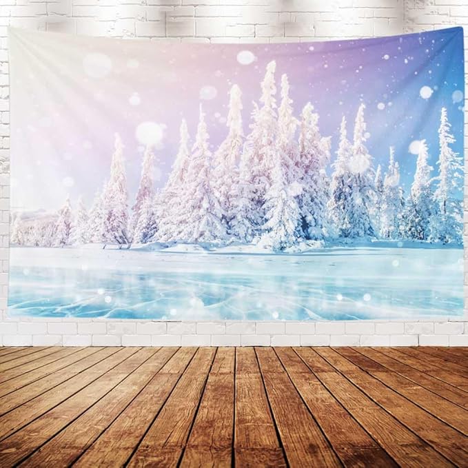 EMMTEEY Winter Forest Tapestry - Mysterious Landscape Blue Ice Lake Frozen Magical Snow Tree Wall Hanging 80X60 for Men