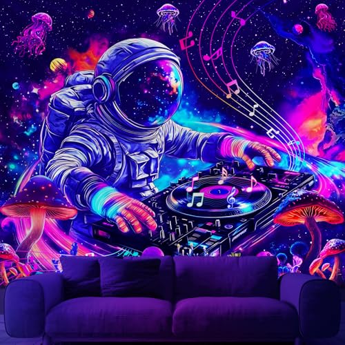 Apdidl Blacklight Space Astronaut Poster Tapestry for Bedroom, Black Light Cool Galaxy Funny DJ Music UV Reactive Tapestries, Glow in the Dark Universe Mushroom Plants Jellyfish Wall Hanging for Boys Men 51"X60" - color: Space Blacklight Tapestry, size: 6